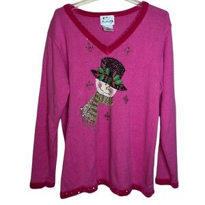 Quacker Factory Snowman V-neck Sweater Pink Beaded Embellished Size XL